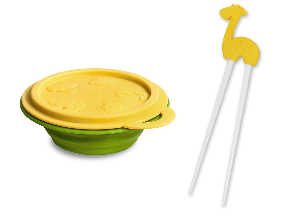 Marcus & Marcus - 2 Pack: Silicone Collapsible Bowl with Lid and Baby Learning Chopsticks - Lola the Giraffe