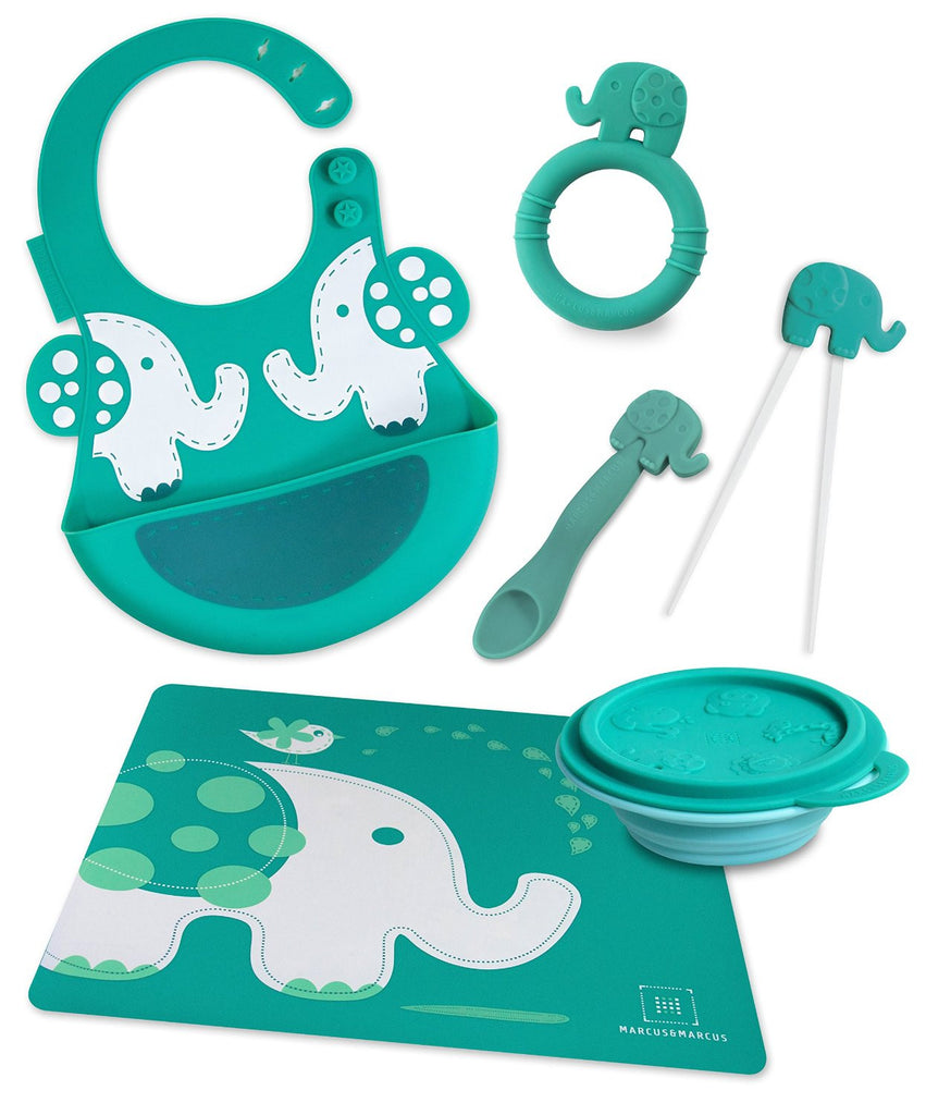 Marcus & Marcus - 6 Pack: Silicone Placemat, Collapsible Bowl with Lid, Baby Feeding Spoon, Learning Chopsticks, Baby Teether and Silicone Adjustable Baby Bib - Ollie the Elephant