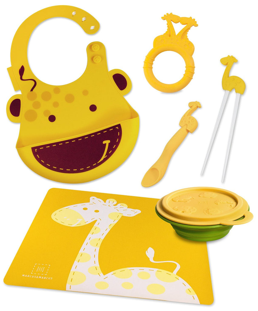 Marcus & Marcus - 6 Pack: Silicone Placemat, Collapsible Bowl with Lid, Baby Feeding Spoon, Learning Chopsticks, Baby Teether and Silicone Adjustable Baby Bib - Lola the Giraffe