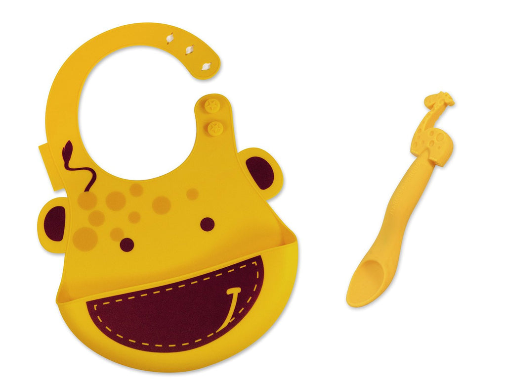 Marcus & Marcus - 2 Pack: Silicone Adjustable Baby Bib and Baby Feeding Spoon - Lola the Giraffe