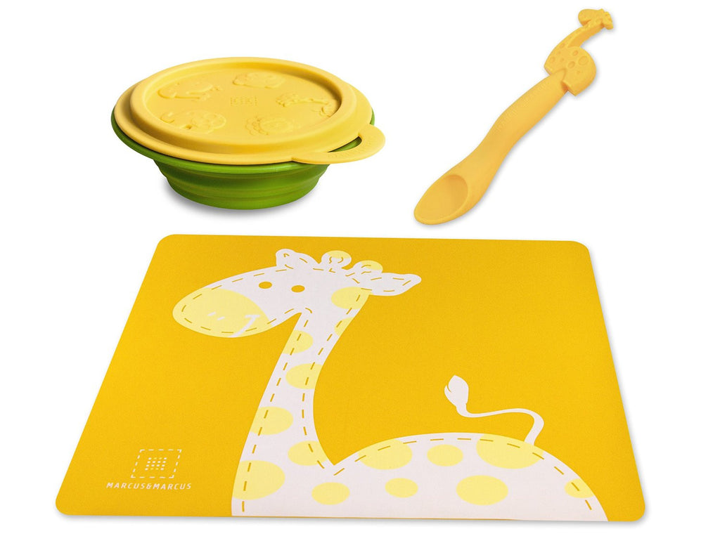 Marcus & Marcus - 3 Pack Silicone Placemat, Collapsible Bowl with Lid and Baby Feeding Spoon - Lola the Giraffe