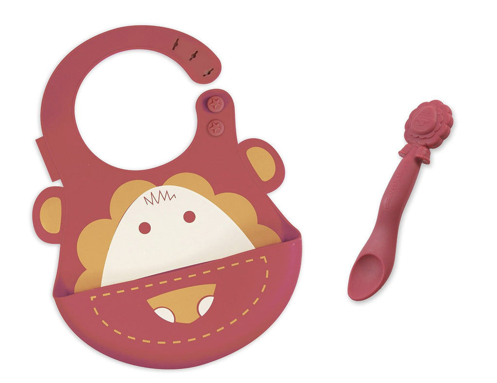 Marcus & Marcus - 2 Pack: Silicone Adjustable Baby Bib and Baby Feeding Spoon - Marcus the Lion