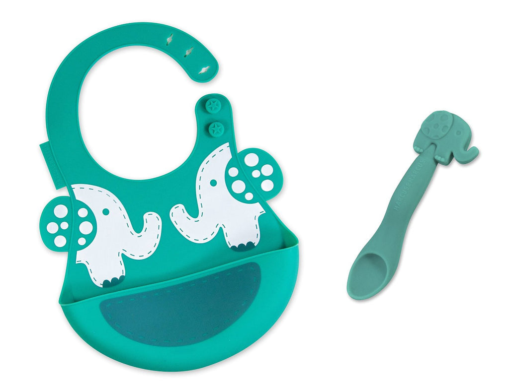 Marcus & Marcus - 2 Pack: Silicone Adjustable Baby Bib and Baby Feeding Spoon - Ollie the Elephant