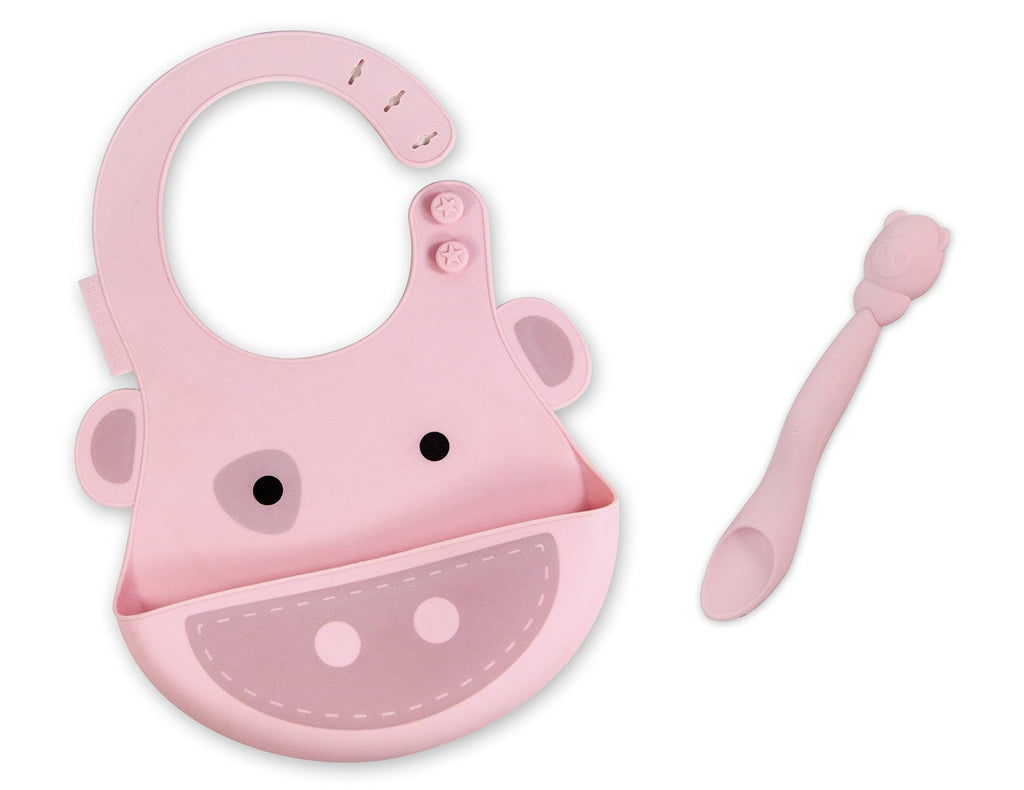 Marcus & Marcus - 2 Pack: Silicone Adjustable Baby Bib and Baby Feeding Spoon - Pokey the Pig