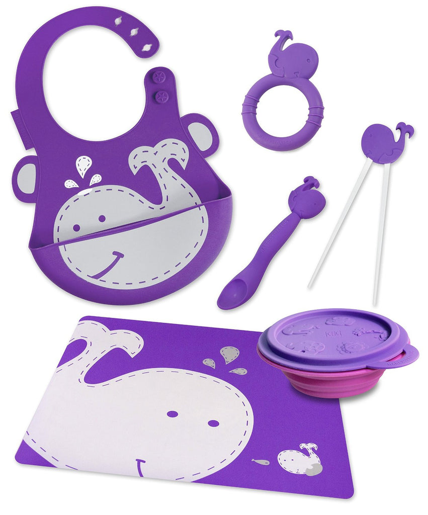 Marcus & Marcus - 6 Pack: Silicone Placemat, Collapsible Bowl with Lid, Baby Feeding Spoon, Learning Chopsticks, Baby Teether and Silicone Adjustable Baby Bib - Willo the Whale