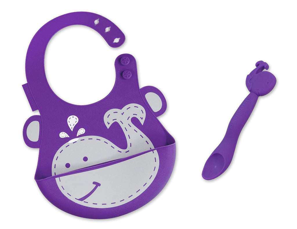 Marcus & Marcus - 2 Pack: Silicone Adjustable Baby Bib and Baby Feeding Spoon - Willo the Whale